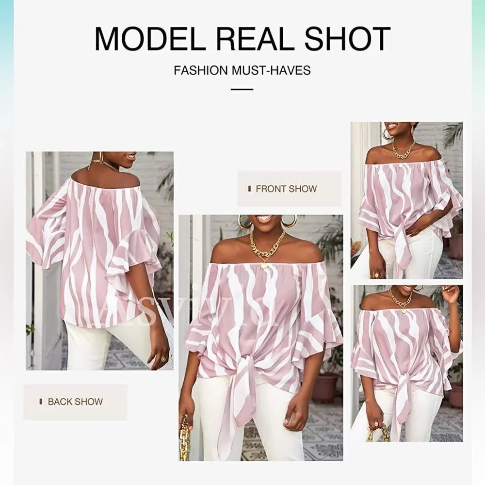 Asvivid Pink & White Off The Shoulder Top Flare Sleeve Tie Knot Blouses Size 2X
